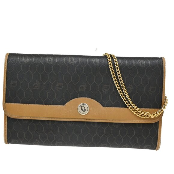 CHRISTIAN DIOR Logos Honeycomb Chain Shoulder Bag PVC Leather Brown Gold - Picture 1 of 13